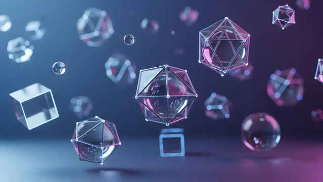 Abstract 3D rendering of geometric shapes including cubes, spheres, and polyhedra floating in a gradient background.