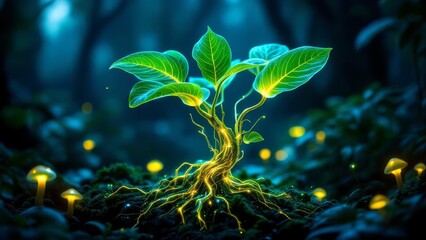 Glowing futuristic plant sprout with golden roots and green leaves, set in a dark mystical forest with bioluminescent digital effects and cyber energy