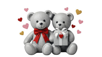 Two adorable teddy bears sharing a gift on valentine's day