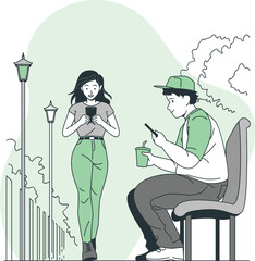 Man sitting on chair using smartphone while woman stands nearby using mobile phone in urban setting