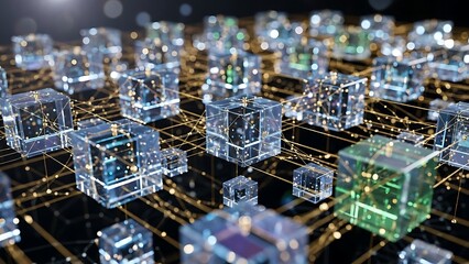 Abstract network of glowing transparent cubes connected by lines