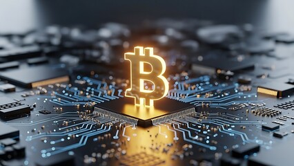 Bitcoin Symbol on a Detailed Microchip Surface cryptocurrency