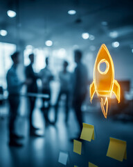 Leader pointing upward beside rocket sticky notes as team plans growth in office