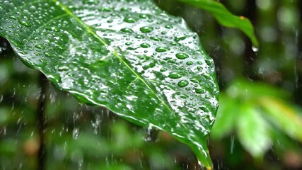 Closeup view of a vibrant green leaf glistening with numerous fresh water droplets capturing the serene beauty of nature after a refreshing rain shower with water actively dripping off the edge of th. - Powered by Adobe