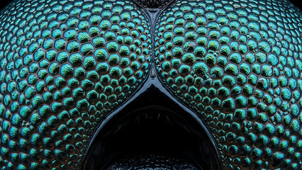 Stunning Macro Shot of Insect Compound Eye with Iridescent Blue-Green Hexagonal Pattern and Detailed Structure