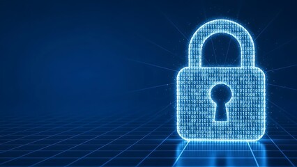 Digital Padlock Made of Binary Code on Blue Grid Background