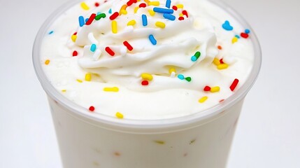 Creamy Vanilla Milkshake in a White Cup Topped with Whipped Cream and Rainbow Sprinkles