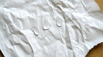 Crinkled white paper sheet with scattered glistening water droplets on tan edge