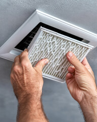 Hands placing replacement air filter into ceiling vent for healthier indoor air