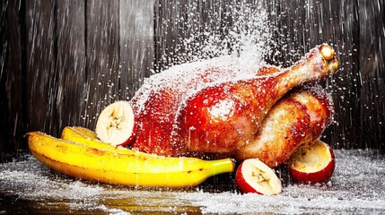 Crispy roasted chicken leg surrounded by fried plantains and banana slices on a dark wooden surface with a dramatic water splash