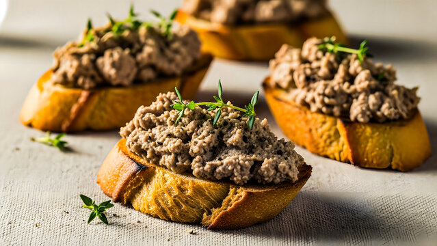 Gourmet p&acirc;t&eacute; spread on crusty baguette slices garnished with fresh herbs, a delectable appetizer for any occasion