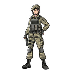 Fototapeta premium Female Soldier Illustration: Camouflage Uniform, Tactical Vest, Beret, and Pistol