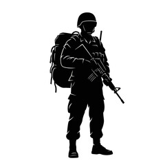 Fototapeta premium Silhouette Soldier Standing with Rifle and Backpack, Military Concept