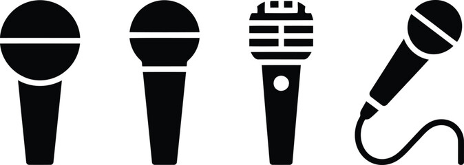 A collection of four black microphone icons depicting various designs for sound recording and speaking