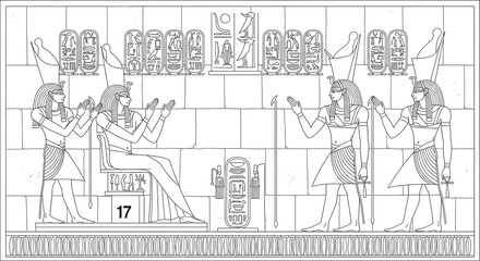 Obraz premium Ancient Egyptian mural relief depicting pharaohs and deities with hieroglyphic cartouches and ceremonial symbolism in a historic temple setting