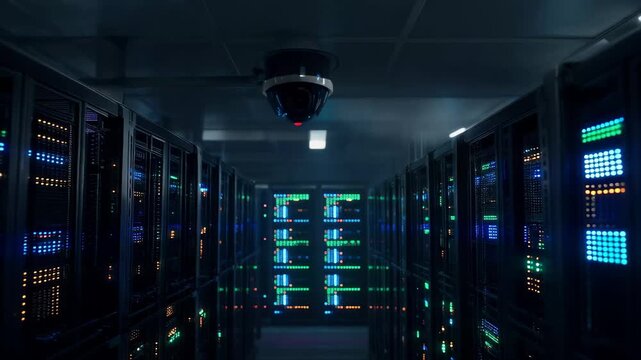 Exploring a Data Center With Rows of Servers and a Security Camera on the Ceiling at Night