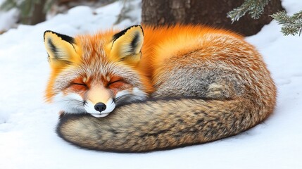 Curled Red Fox Resting on Fresh Snow Beneath Winter Silence