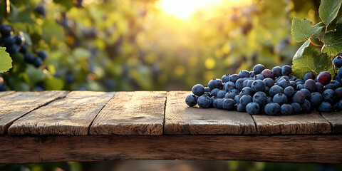 Fresh blueberries on rustic wooden table, blueberry farm background, , perfect for food advertising, wellness branding, organic product packaging