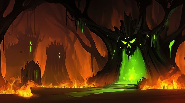 Dark Infernal Cave with Glowing Green Portal Amidst River of Fire and Lava