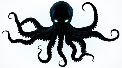 Dark Silhouette of an Eight-Legged Tentacled Monster with Glowing Cyan Eyes