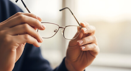 Woman hands holding elegant metal frame eyeglasses for inspection near window with natural light
