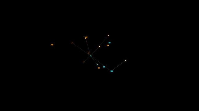 Dynamic 3D visualization of artificial neural network growth with glowing nodes and connections. Futuristic AI brain processing data in real-time with hub labels and packet tracers. Cyber tech concept
