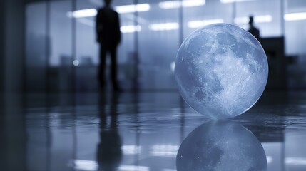 A large translucent sphere resembling the moon sits on a reflective floor in a modern office space with silhouetted figures in the background.