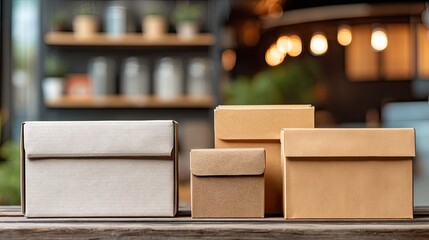 Assorted cardboard packaging boxes on rustic wooden table in cozy modern interior with warm lighting and blurred background