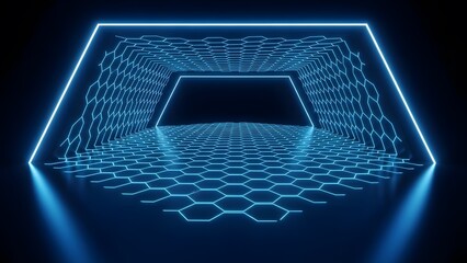 Vibrant blue neon light frames a futuristic hexagonal grid tunnel in a dark digital space