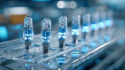 Detailed Close-Up of Vintage Glass Vacuum Tubes with Blue Illuminated Interior on Metallic Base for Technology Background