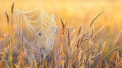Delicate Spider Web Glistening with Dew Across a Golden Field of Grass at Sunrise