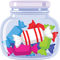 Glass Jar Filled with Colorful Wrapped Candies Vector Illustration - candy, jar, glass, sweet, container, vector, illustration, food, colorful, wrapped, bonbon, sugar, dessert, treat, cartoon, snack,