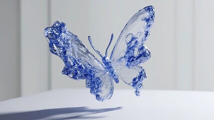 Delicately Crafted Blue Glass Butterfly Sculpture Resting on a White Surface