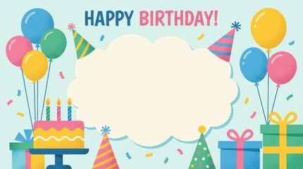 Joyful birthday celebration with colorful balloons cake and gifts in a festive environment captured from a cheerful perspective for memorable moments