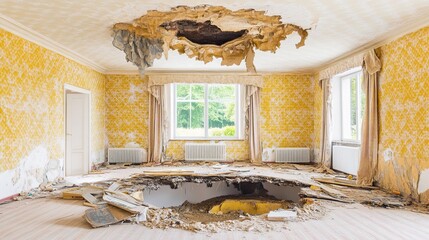 Derelict Sunlit Room with Peeling Yellow Wallpaper, Crumbling Ceiling and Debris