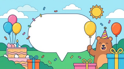 Naklejka premium Celebratory cartoon bear holding balloons with cake and gifts outdoor party scene fun illustration bright colors joyful atmosphere happy birthday theme