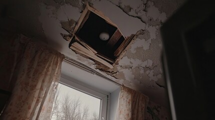 Descend into the Crumbling Attic Room: A Damaged Ceiling Hole Revealing Weathered Plaster and Dim Window Light