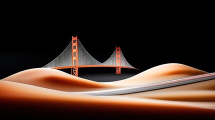 Desert Sand Dunes with Surreal Orange Suspension Bridge Spanning the Distant Horizon