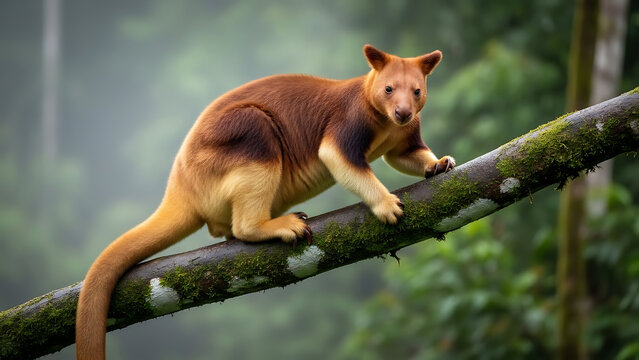 Matschie's Tree Kangaroo Perched on Mossy Branch in Lush Papua New Guinea Rainforest Looking at Camera