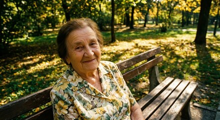 Elderly Woman Relaxing, Park Bench, Warm Sunlight, Content