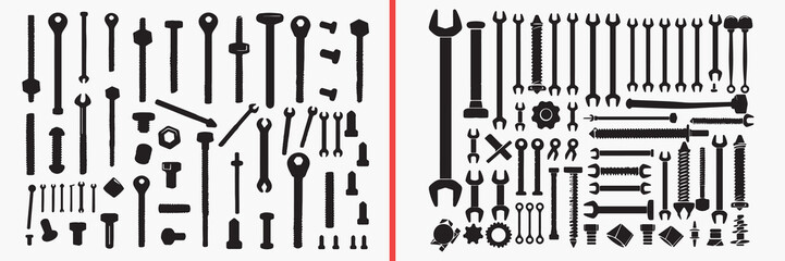 Obraz premium tool silhouette vector, mechanical tools black silhouettes, wrench screwdriver illustration set, industrial equipment silhouette art, workshop tools vector design, construction tool clipart collection