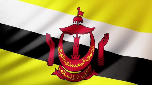 Brunei national flag with yellow field, white and black diagonal stripes, and red crest symbol. Represents Brunei Darussalam, sovereignty, heritage, and national identity.