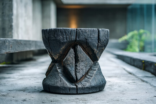 Carved wooden pedestal with shou sugi ban charred finish on concrete in soft mist