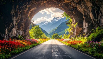 Tunnel-framed view of winding road, vibrant valley flowers, and snow-capped mountains under blue sky.