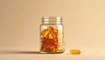 Glass jar with amber capsules on beige background, one capsule placed outside.