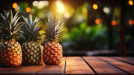 Fresh pineapple on rustic wooden table with tropical farm background glowing under warm morning sunlight, perfect for food advertising, wellness branding, organic product packaging