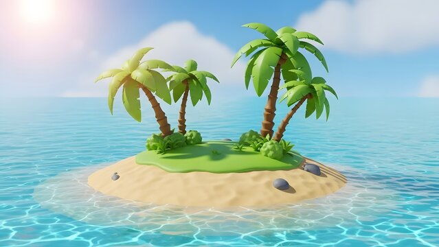 Cartoon tropical island with palm trees in the middle of blue water. Summer vacation and travel destination. 3D rendered paradise island with white sand and sunny clear sky.