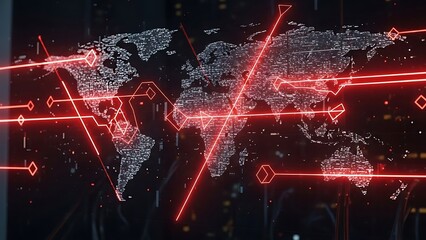 World Map with Red Laser Lines and Geometric Shapes