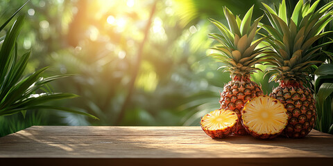Fresh pineapple on rustic wooden table with tropical farm background glowing under warm morning sunlight, perfect for food advertising, wellness branding, organic product packaging