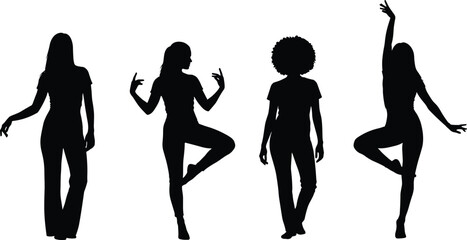 Obraz premium Black silhouettes of diverse women in various dancing and fashion poses showing graceful movements and style isolated on white background